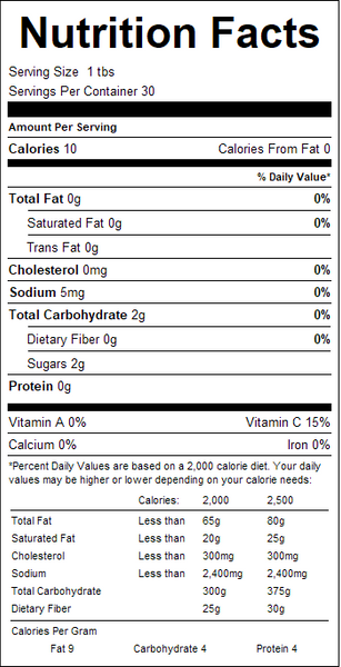 Nutrition facts label for a product with serving size, calories, and nutritional content details.