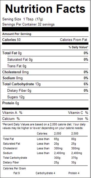Nutrition facts label for a product with serving size, calories, and nutritional content details.