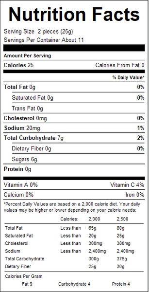 Nutrition facts label for a product with serving size, calories, and nutritional content details.
