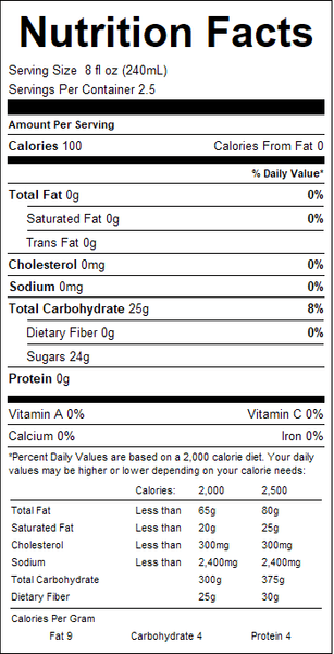 Nutrition facts label for a product with detailed information on calories, fat, carbohydrates, and vitamins.