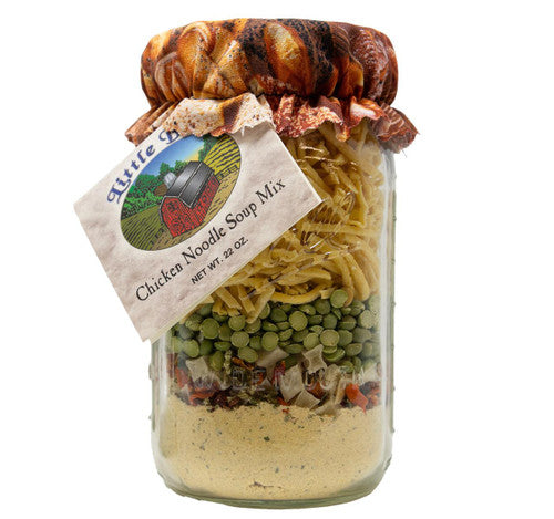 Jar of Little House on the Prairie Chicken Noodle Soup Mix with a decorative label.