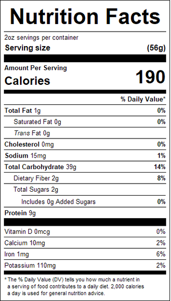Nutrition facts label for a food product with serving size, calories, and nutritional content details.