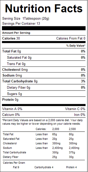 Nutrition facts label for a product with serving size, calories, and nutritional content details.
