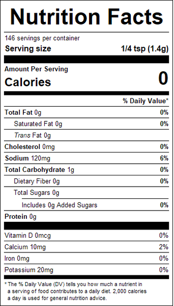 Nutrition facts label for a product with zero calories per serving