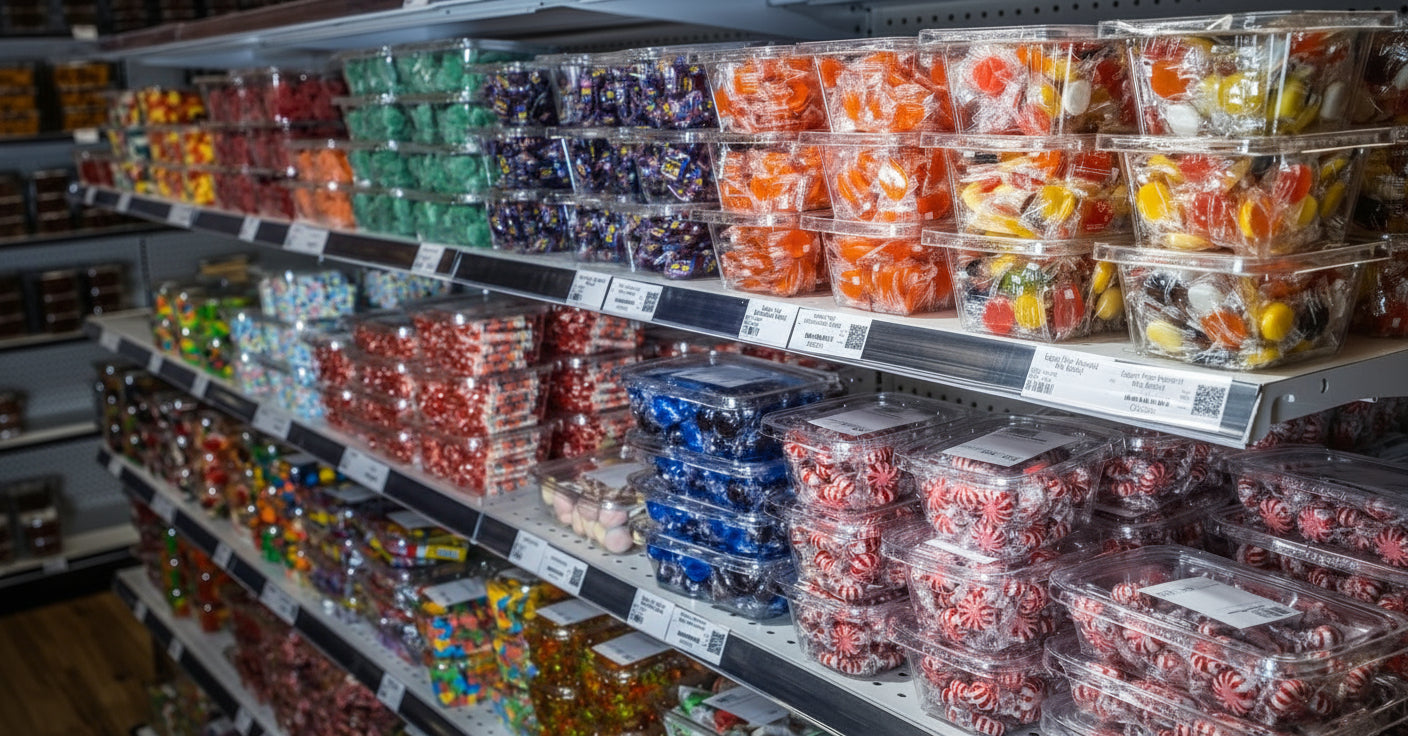 Shelving unit with various packaged candies in a store setting