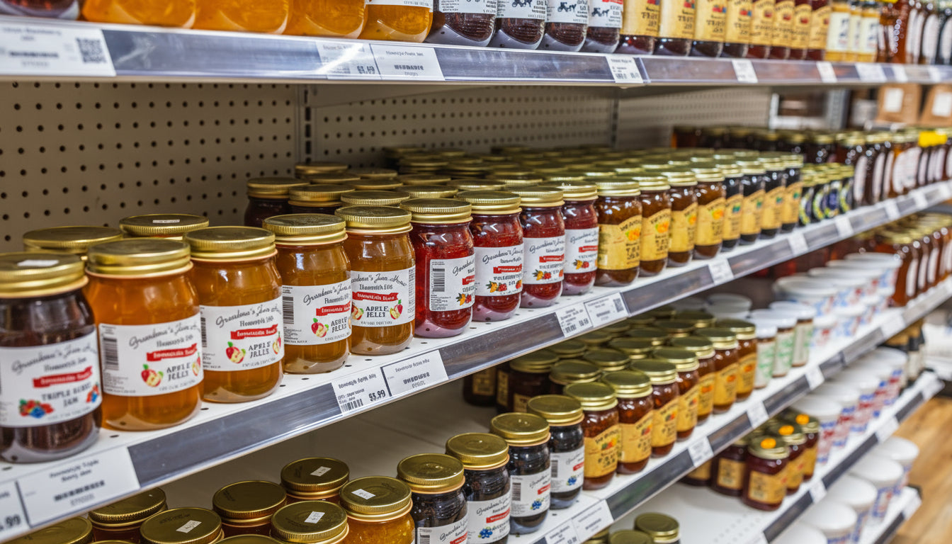 Shelf stocked with various jars of preserves and jellies in a store setting.