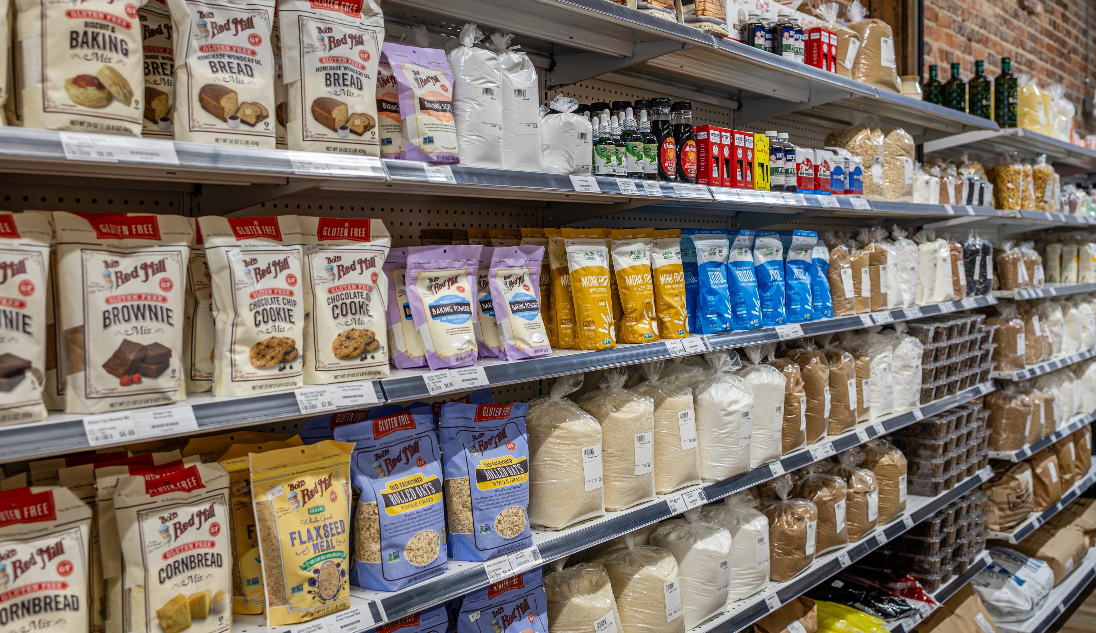 Shelving unit with various food products in a store setting