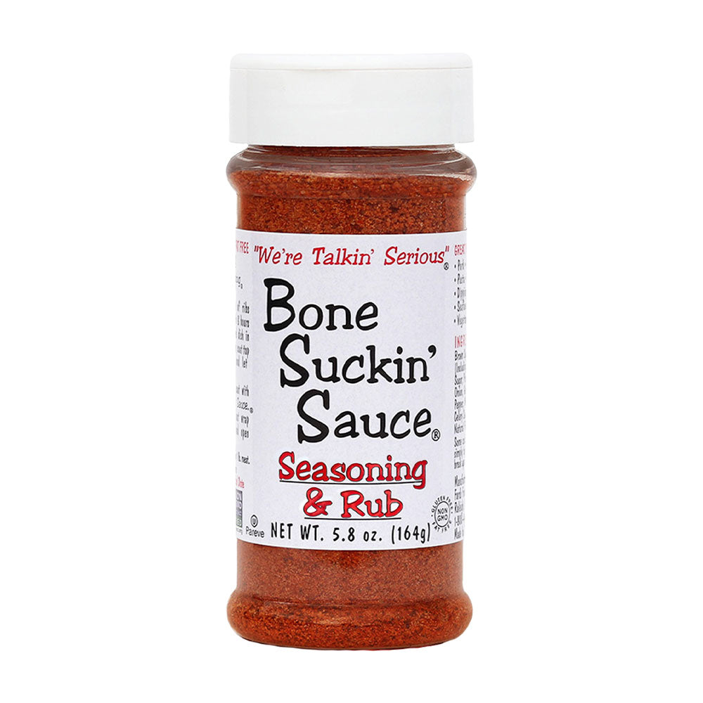 Bottle of Bone Suckin' Sauce seasoning and rub on a white background