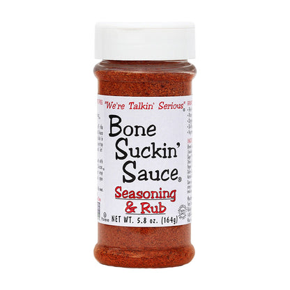 Bottle of Bone Suckin' Sauce seasoning and rub on a white background