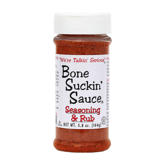 Bottle of Bone Suckin' Sauce seasoning and rub on a white background