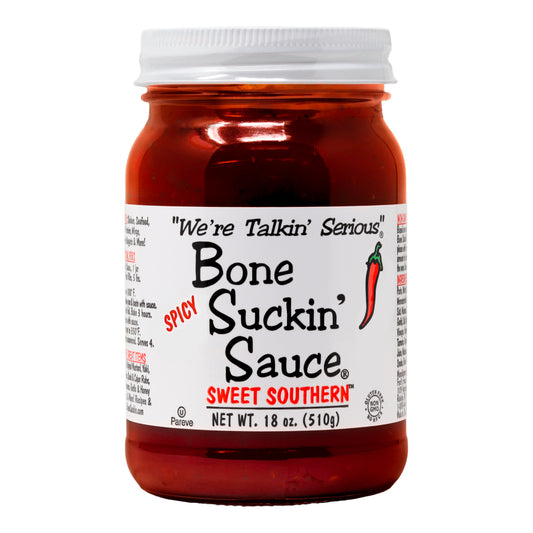 Jar of Bone Suckin' Sauce with a white label on a white background