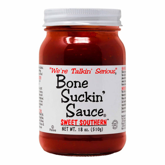 Jar of Bone Suckin' Sauce with a white label on a white background