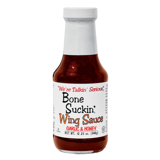 Bottle of Bone Suckin' Wing Sauce with a white label on a white background