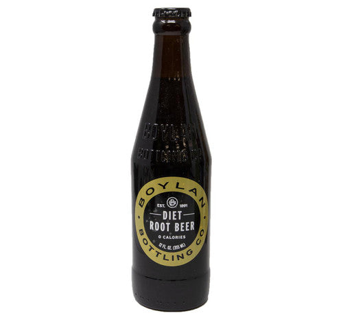 Black bottle of Boylan Diet Root Beer on a white background