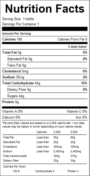 Nutrition facts label for a product with detailed information on calories, fat, cholesterol, sodium, carbohydrates, fiber, sugars, vitamins, and minerals.