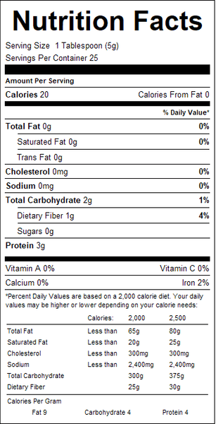 Nutrition facts label for a product with serving size, calories, and nutritional content details.
