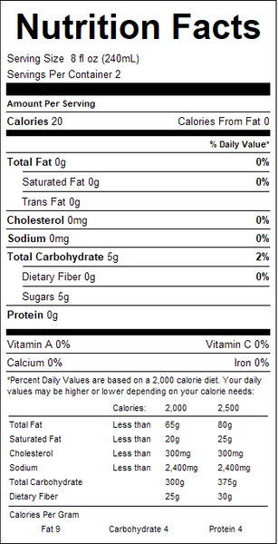 Nutrition facts label for a product with serving size, calories, and nutritional content details.