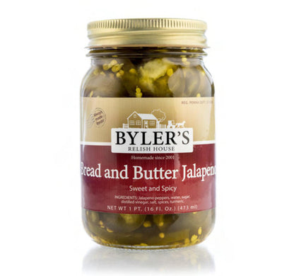 Jar of Byler's Bread and Butter Jalapenos on a white background