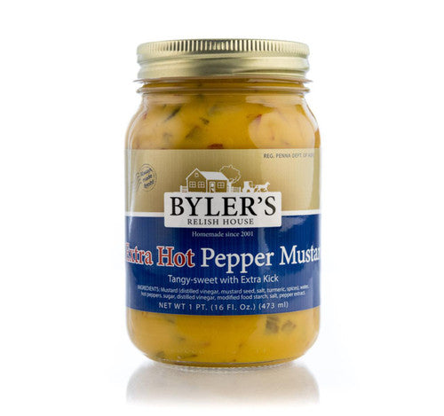 Jar of Byler's Extra Hot Pepper Mustard on a white background