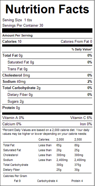 Nutrition facts label for a product with serving size, calories, and nutritional content details.