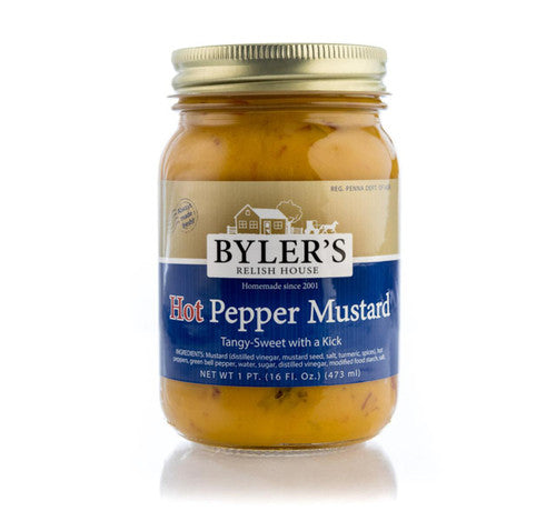 Jar of Byler's Hot Pepper Mustard on a white background