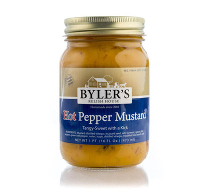 Jar of Byler's Hot Pepper Mustard on a white background