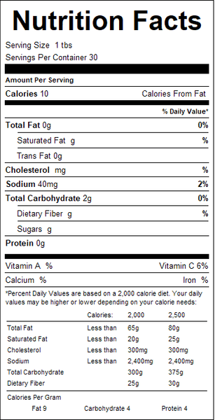 Nutrition facts label for a product with serving size, calories, and nutritional content details.