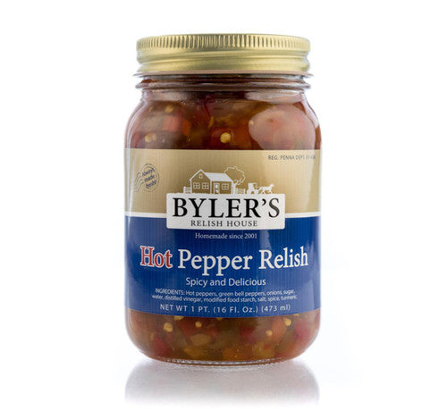 Jar of Byler's Hot Pepper Relish on a white background