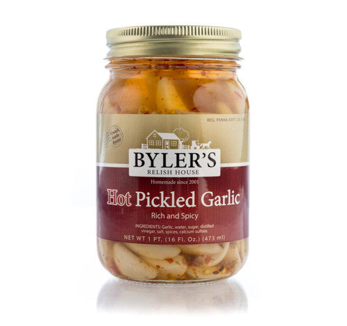 Jar of Byler's Hot Pickled Garlic on a white background