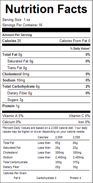 Nutrition facts label for a product with serving size, calories, and nutritional content details.