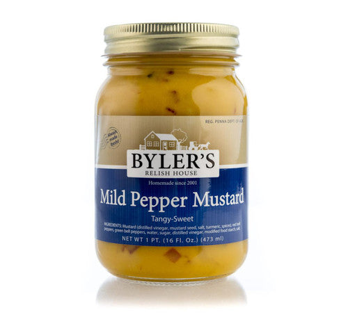 Jar of Byler's Mild Pepper Mustard on a white background