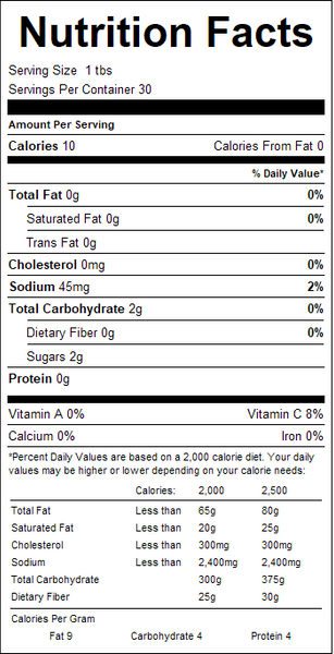 Nutrition facts label for a product with serving size, calories, and nutritional content details.