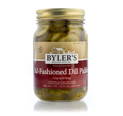 Jar of Byler's Old Fashioned Dill Pickles on a white background