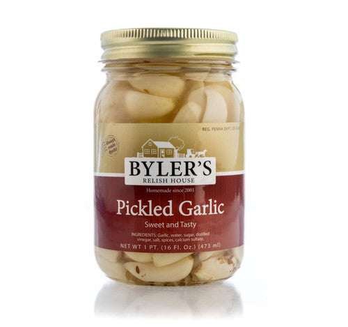 Jar of Byler's Pickled Garlic on a white background