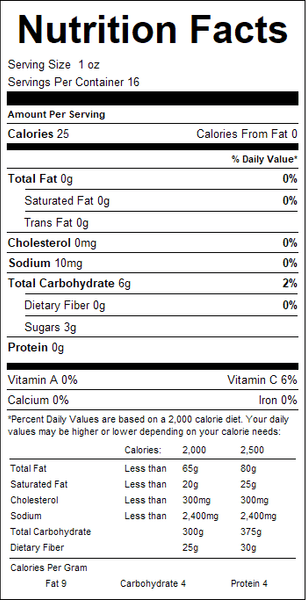 Nutrition facts label for a product with serving size, calories, and nutritional content.