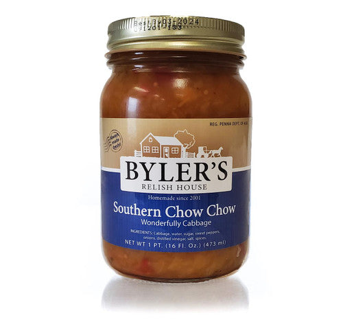 Jar of Byler's Southern Chow Chow relish on a white background