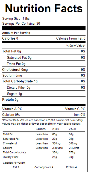 Nutrition facts label with serving size, calories, and nutritional content details.
