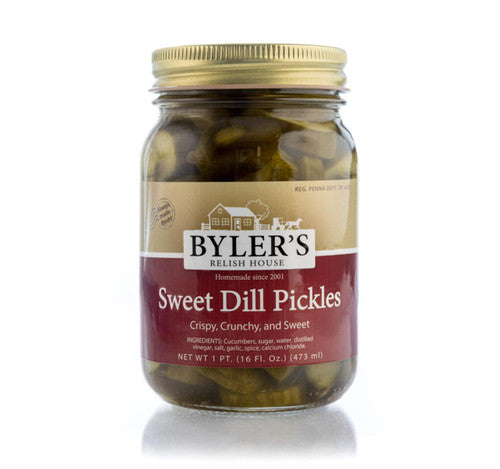 Jar of Byler's Sweet Dill Pickles on a white background