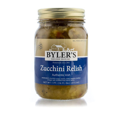 Jar of Byler's Zucchini Relish on a white background