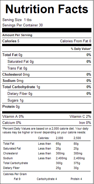 Nutrition facts label with detailed information on calories, fat, carbohydrates, and protein content.