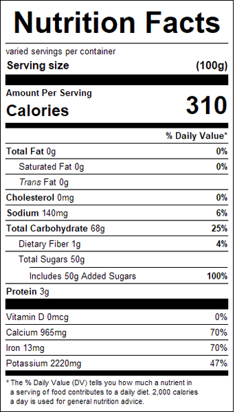 Nutrition facts label for a food product with detailed nutritional information.