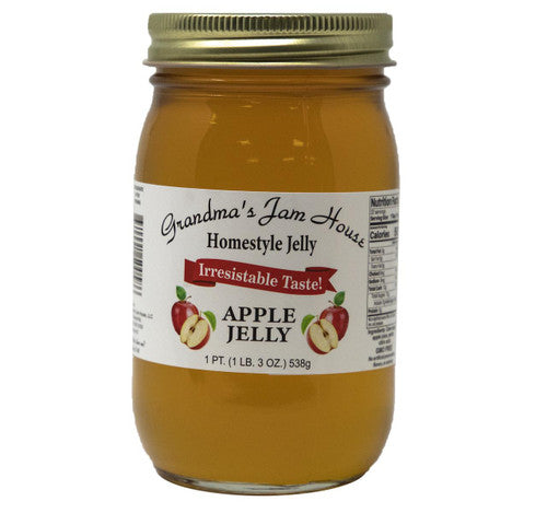Jar of Grandma's Jam House Apple Jelly on a white background