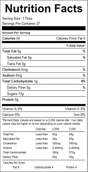 Nutrition facts label for a product with serving size, calories, and nutritional content details.
