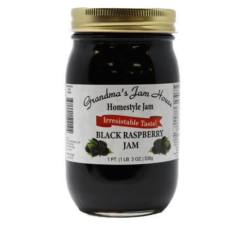 Jar of Grandma's Jam House Black Raspberry Jam on a white background