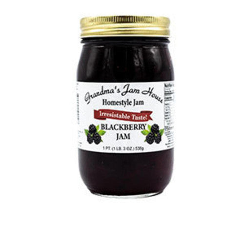 Jar of Grandma's Jam House Blackberry Jam on a white background