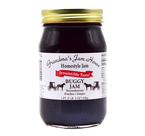 Jar of Grandma's Jam House Buggy Jam with a gold lid on a white background