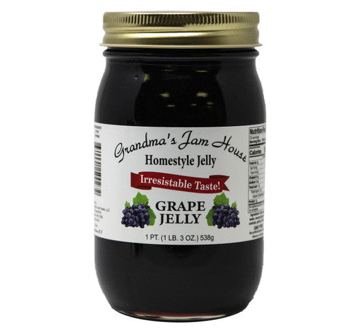 Jar of grape jelly with a label on a white background