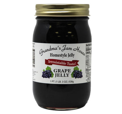 Jar of grape jelly with a label on a white background