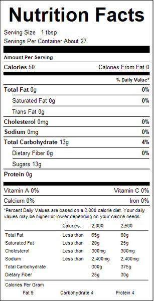 Nutrition facts label for a product with detailed information on calories, fat, carbohydrates, and protein.