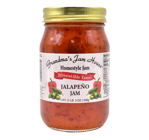 Jar of Grandma's Jam House Jalapeño Jam on a white background